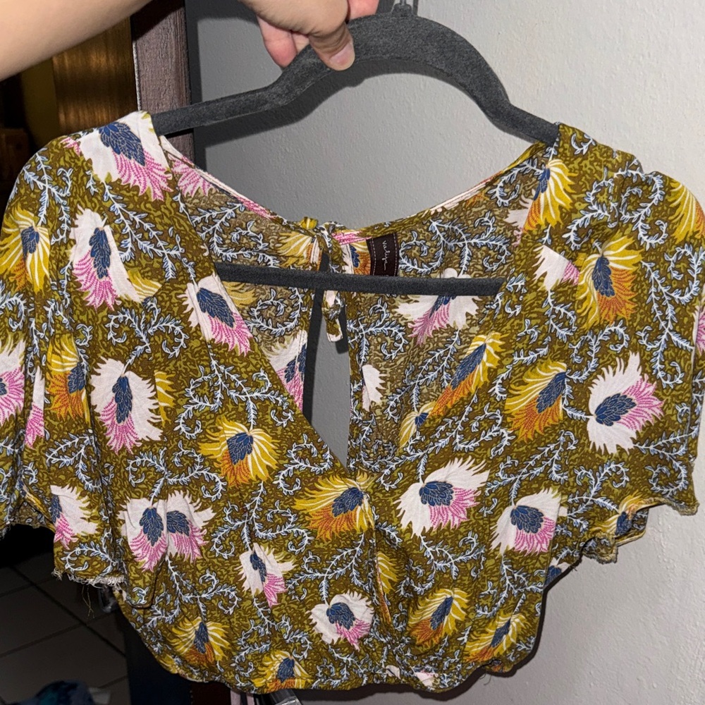 Valia Mustard Floral V-Neck Crop Top with Pink & Navy Accents